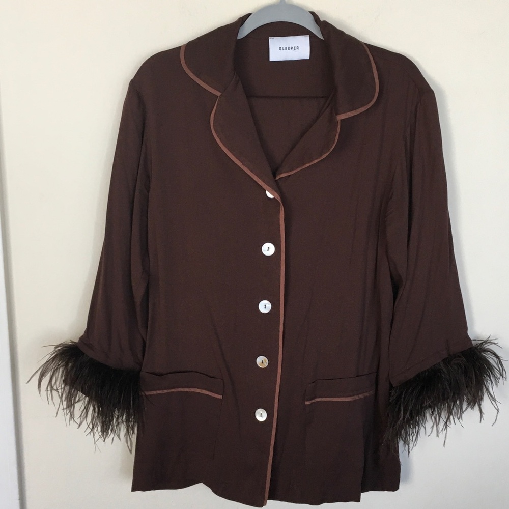 Sleeper Chocolate Brown Feather-Trim Button Jacket & Pants
